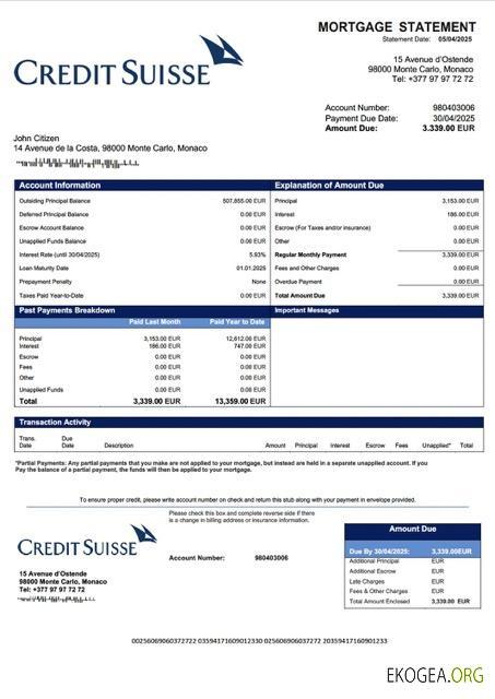 Modèle Word et PDF de relevé hypothécaire du Crédit Suisse (Monaco) de Monaco